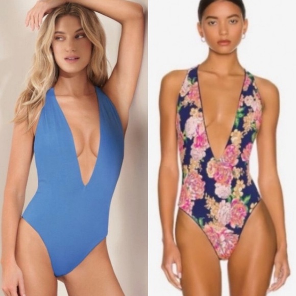 Maaji Tiky Reversible One Piece Swimsuit Medium Blue Floral Plunge T-Back NWT - Picture 1 of 8
